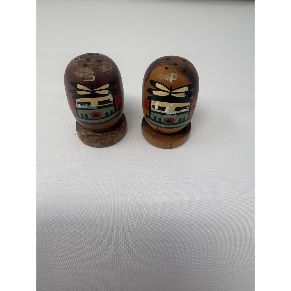 Vintage Hand-Painted Wooden Salt and Pepper Shakers - Cork Stoppers Aztec